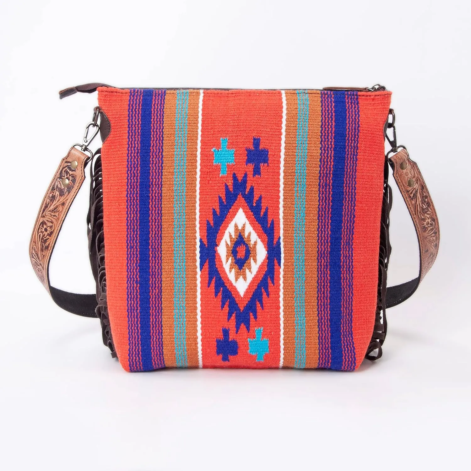 Women??s Cowhide Leather Crossbody Bag ?C Western Style Purse with Tooled Leather Accents and Adjustable Strap