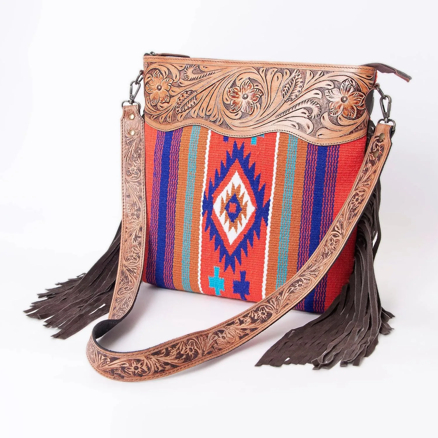 Women??s Cowhide Leather Crossbody Bag ?C Western Style Purse with Tooled Leather Accents and Adjustable Strap