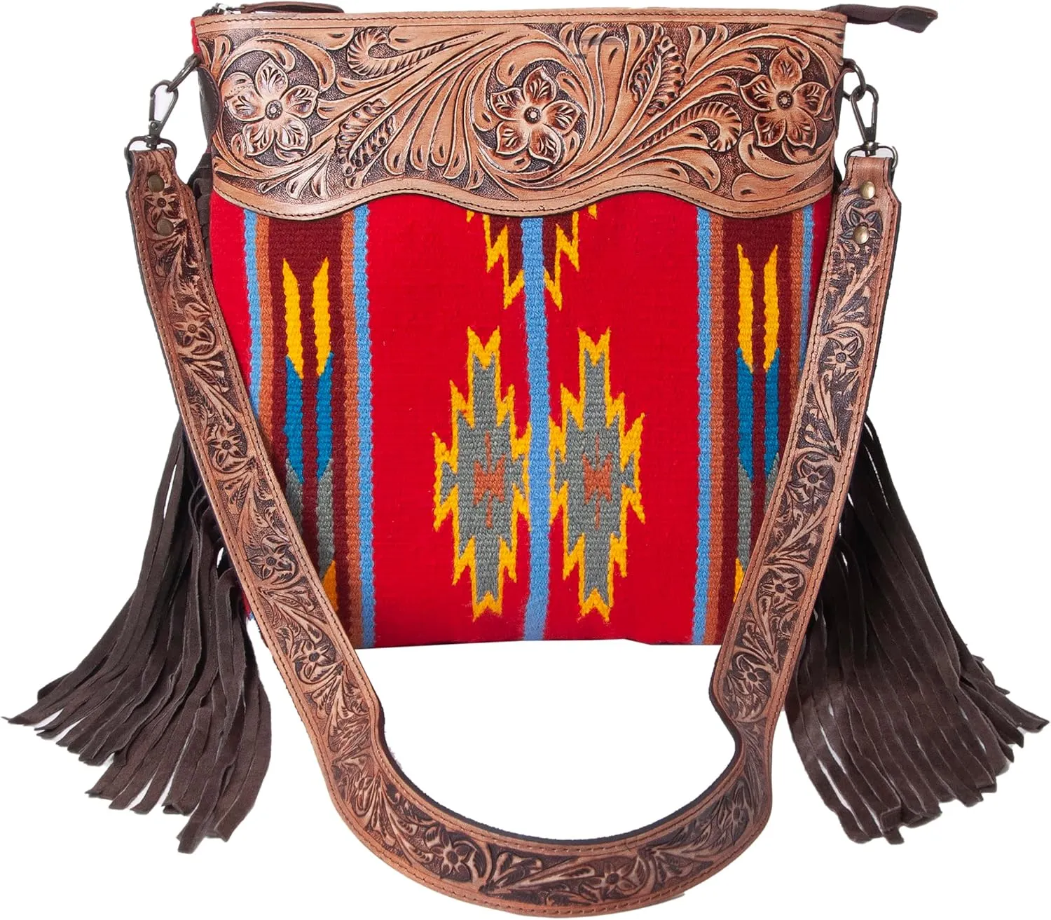 Women??s Cowhide Leather Crossbody Bag ?C Western Style Purse with Tooled Leather Accents and Adjustable Strap