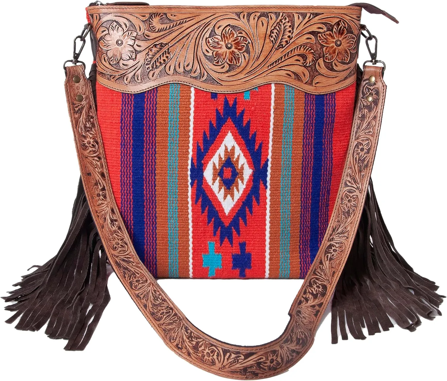 Women??s Cowhide Leather Crossbody Bag ?C Western Style Purse with Tooled Leather Accents and Adjustable Strap