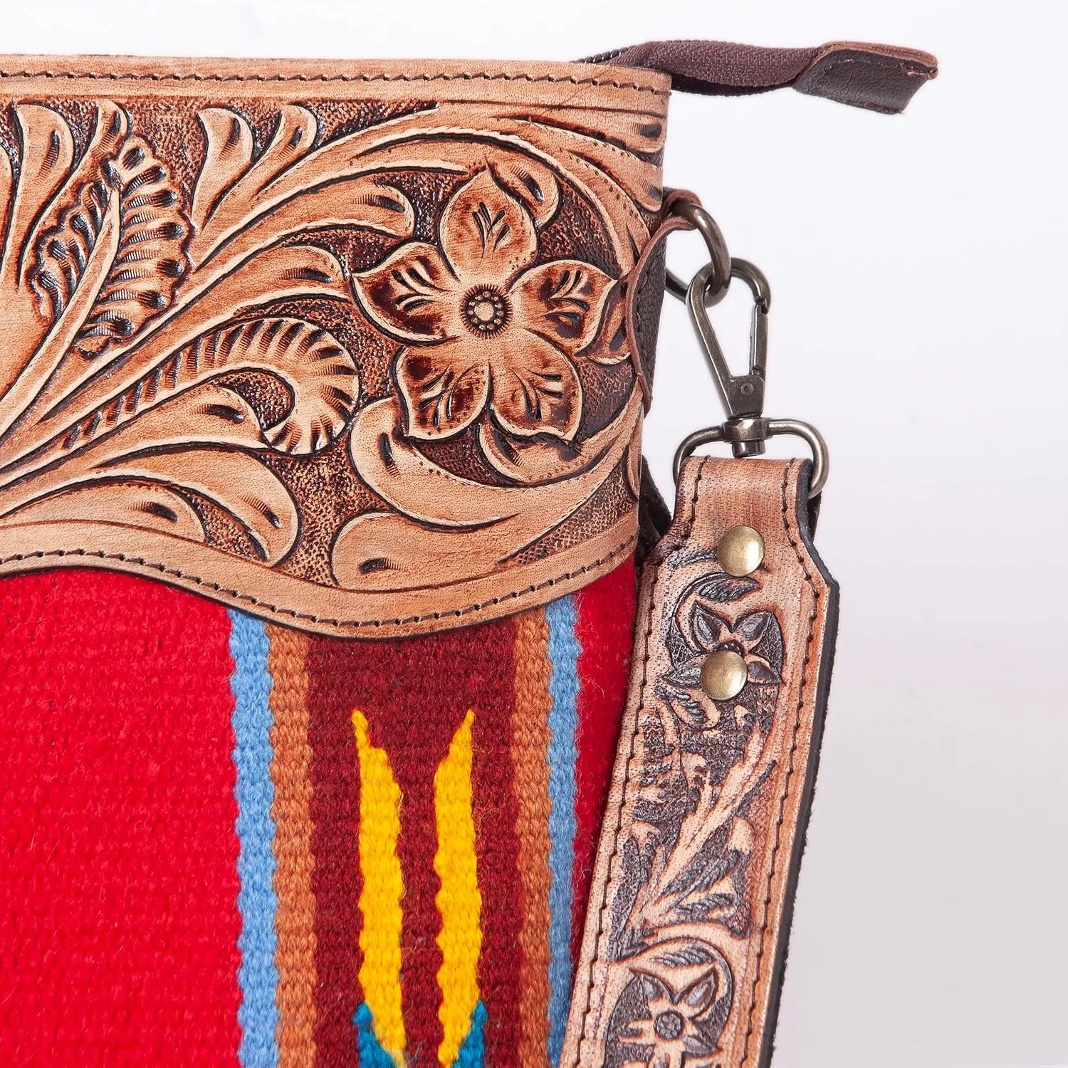 Women??s Cowhide Leather Crossbody Bag ?C Western Style Purse with Tooled Leather Accents and Adjustable Strap