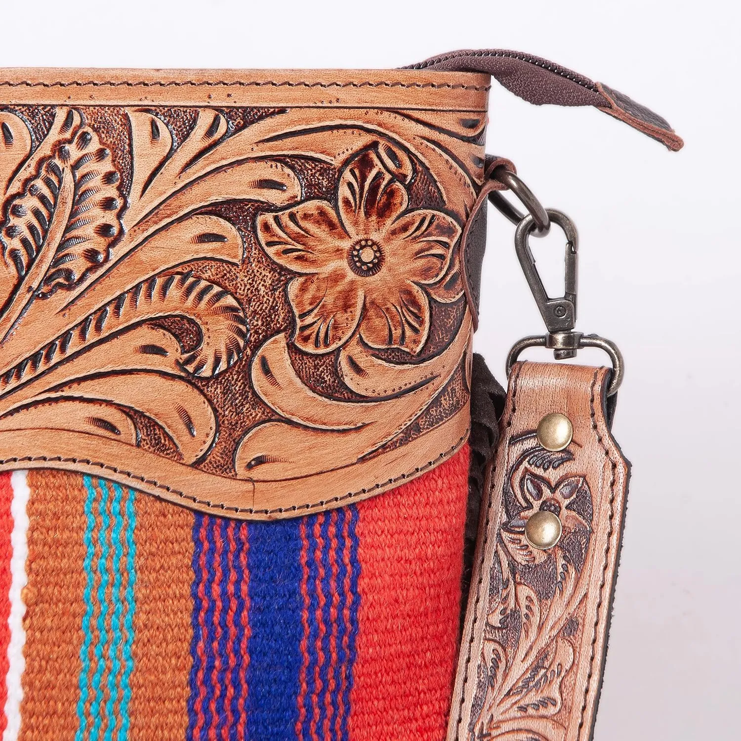 Women??s Cowhide Leather Crossbody Bag ?C Western Style Purse with Tooled Leather Accents and Adjustable Strap