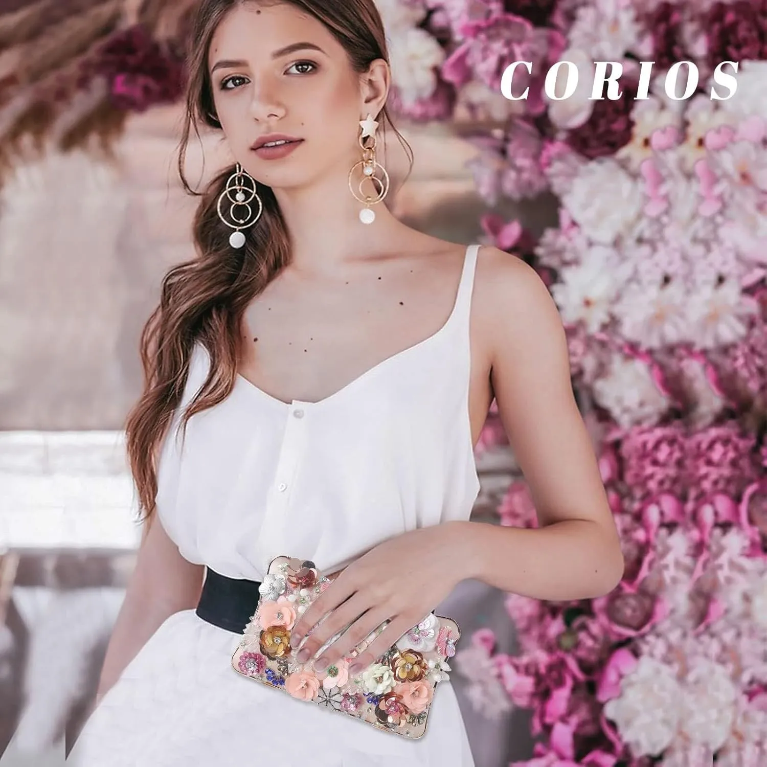 Women's Evening Colorful Floral Clutch Purses 3D Sequin Flower Handbag Elegant Crossbody Banquet Shoulder for Wedding