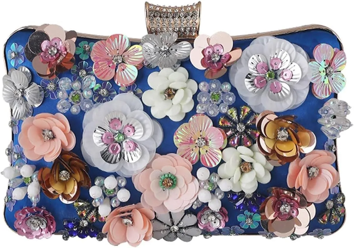 Women's Evening Colorful Floral Clutch Purses 3D Sequin Flower Handbag Elegant Crossbody Banquet Shoulder for Wedding