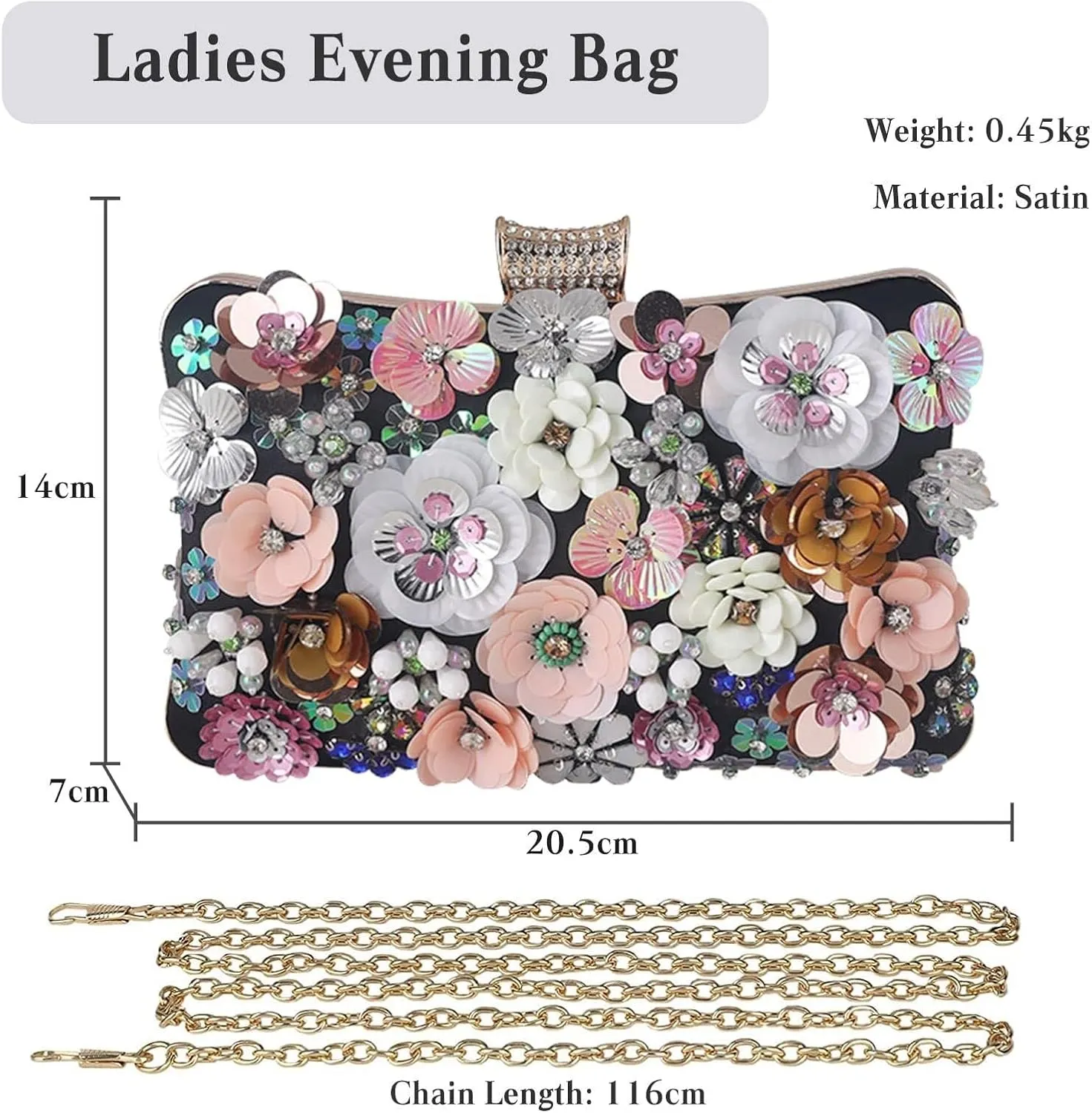 Women's Evening Colorful Floral Clutch Purses 3D Sequin Flower Handbag Elegant Crossbody Banquet Shoulder for Wedding