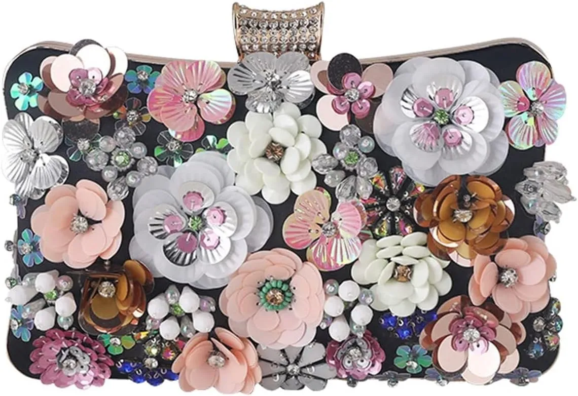 Women's Evening Colorful Floral Clutch Purses 3D Sequin Flower Handbag Elegant Crossbody Banquet Shoulder for Wedding