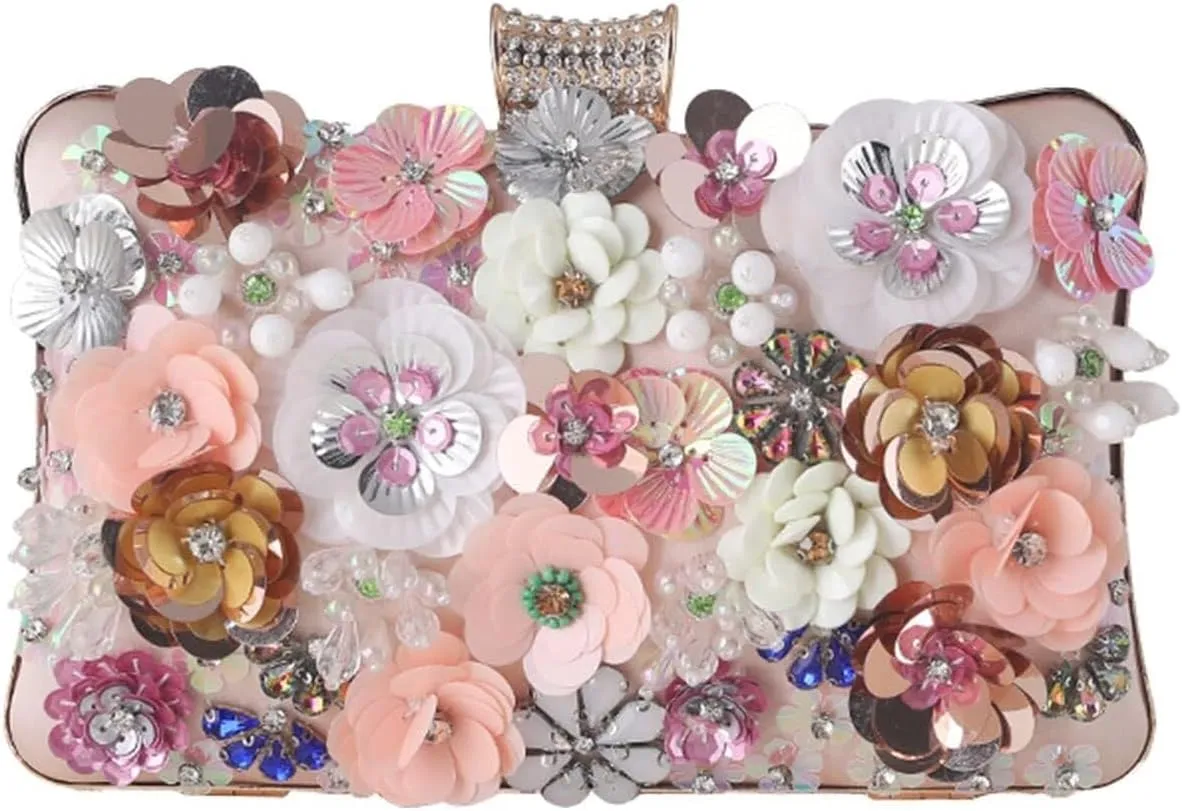 Women's Evening Colorful Floral Clutch Purses 3D Sequin Flower Handbag Elegant Crossbody Banquet Shoulder for Wedding