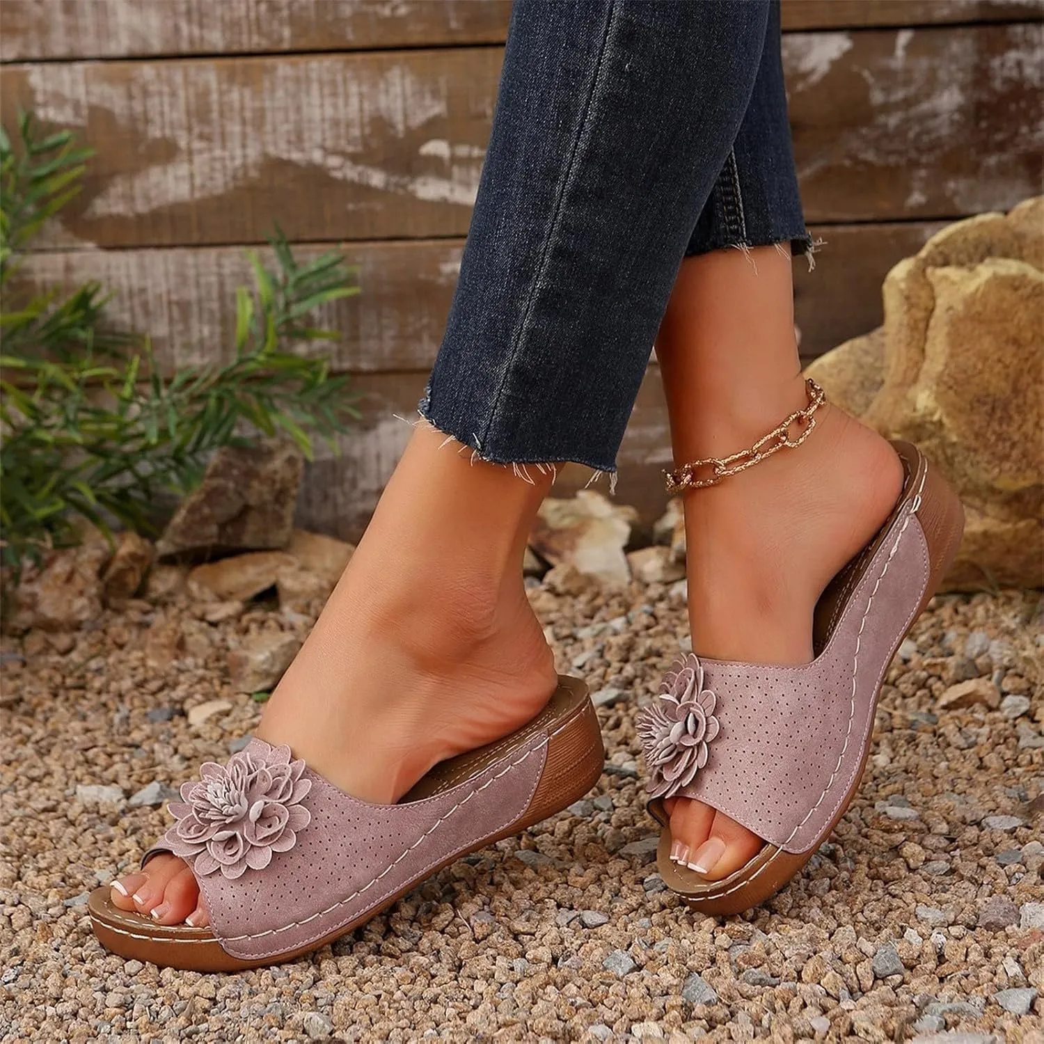 Women's Fashion Flower Sandals Orthopedic Arch Support Fish Mouth Open Toe Sandal Slippers Wedge Platform Summer Beach Walking Shoes