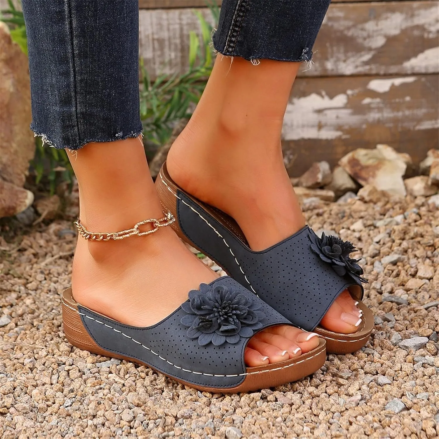 Women's Fashion Flower Sandals Orthopedic Arch Support Fish Mouth Open Toe Sandal Slippers Wedge Platform Summer Beach Walking Shoes