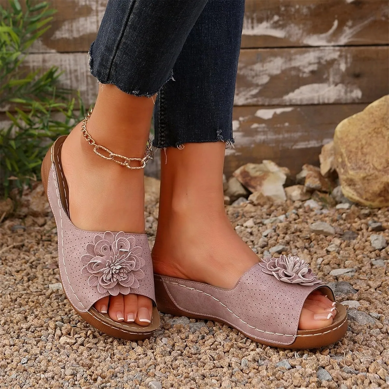 Women's Fashion Flower Sandals Orthopedic Arch Support Fish Mouth Open Toe Sandal Slippers Wedge Platform Summer Beach Walking Shoes