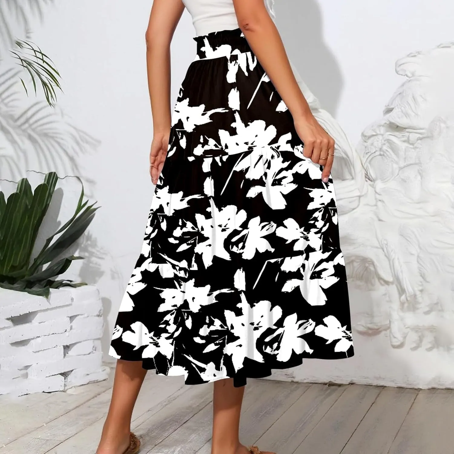 Women's Floral Midi Skirt with Pockets High Elastic Waist Flowy Ruffle Casual Summer Boho Aline Skirts