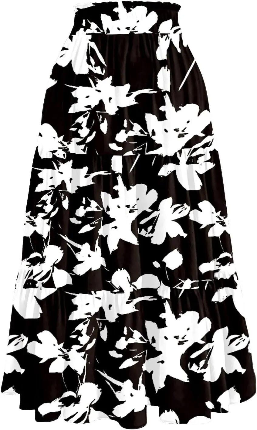 Women's Floral Midi Skirt with Pockets High Elastic Waist Flowy Ruffle Casual Summer Boho Aline Skirts