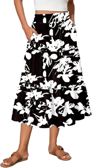 Women's Floral Midi Skirt with Pockets High Elastic Waist Flowy Ruffle Casual Summer Boho Aline Skirts