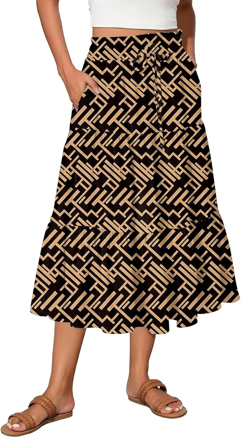 Women's Floral Midi Skirt with Pockets High Elastic Waist Flowy Ruffle Casual Summer Boho Aline Skirts