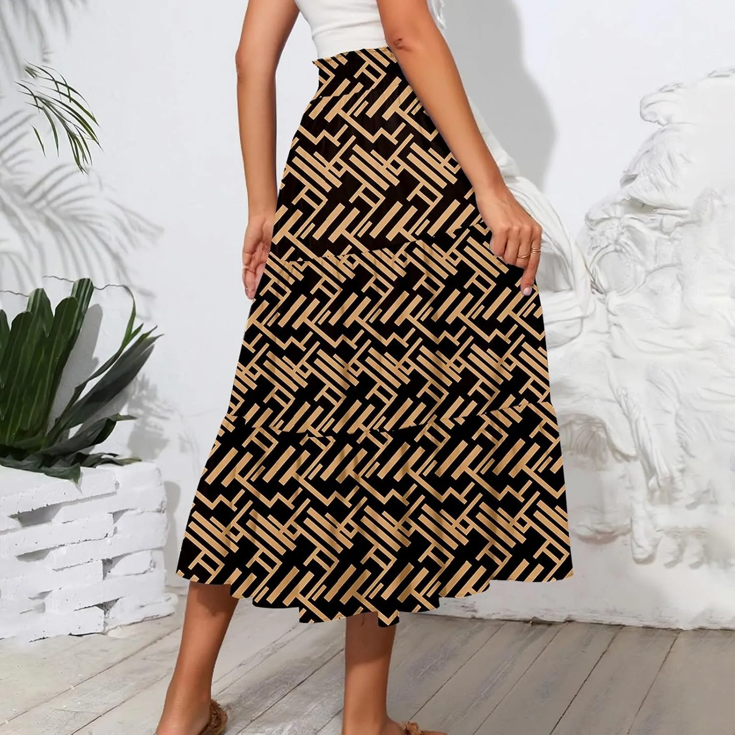 Women's Floral Midi Skirt with Pockets High Elastic Waist Flowy Ruffle Casual Summer Boho Aline Skirts