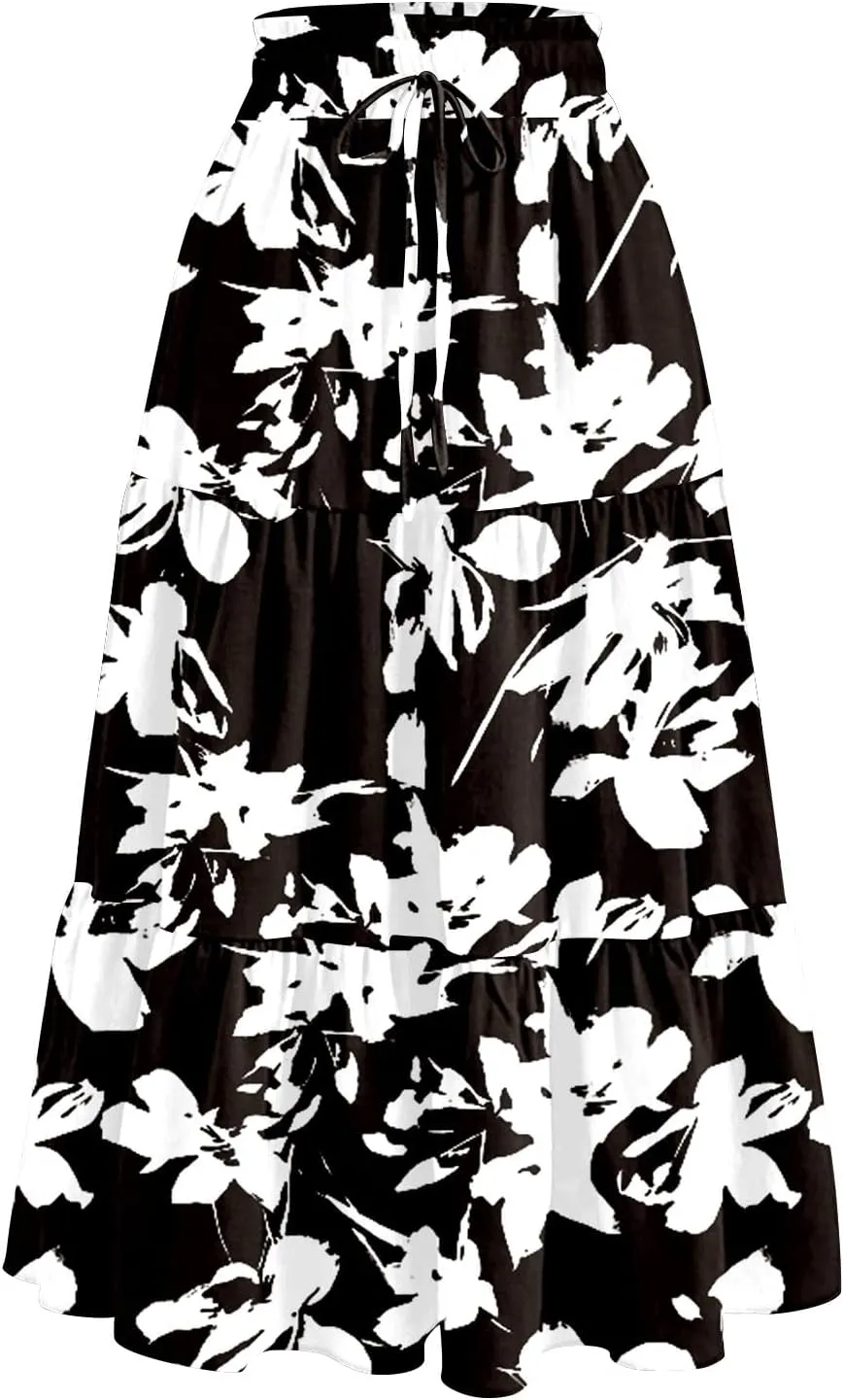 Women's Floral Midi Skirt with Pockets High Elastic Waist Flowy Ruffle Casual Summer Boho Aline Skirts