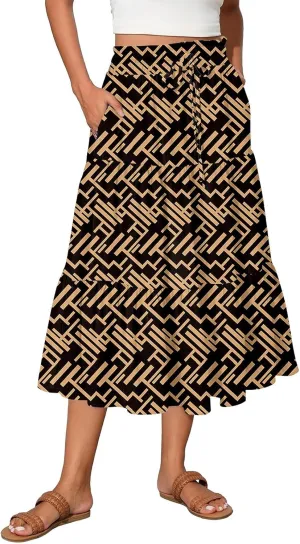 Women's Floral Midi Skirt with Pockets High Elastic Waist Flowy Ruffle Casual Summer Boho Aline Skirts
