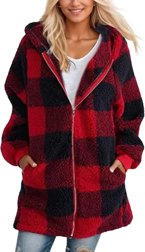 Womens Full Zip Cardigan Sherpa Jacket Plus Size Plaid Fleece Winter Coat Oversized Fuzzy Hooded Outwear with Pockets
