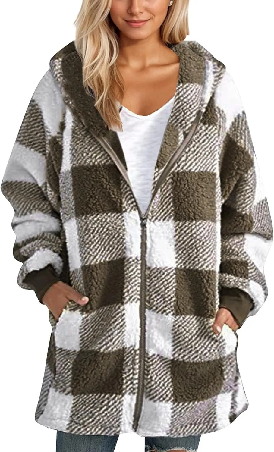 Womens Full Zip Cardigan Sherpa Jacket Plus Size Plaid Fleece Winter Coat Oversized Fuzzy Hooded Outwear with Pockets