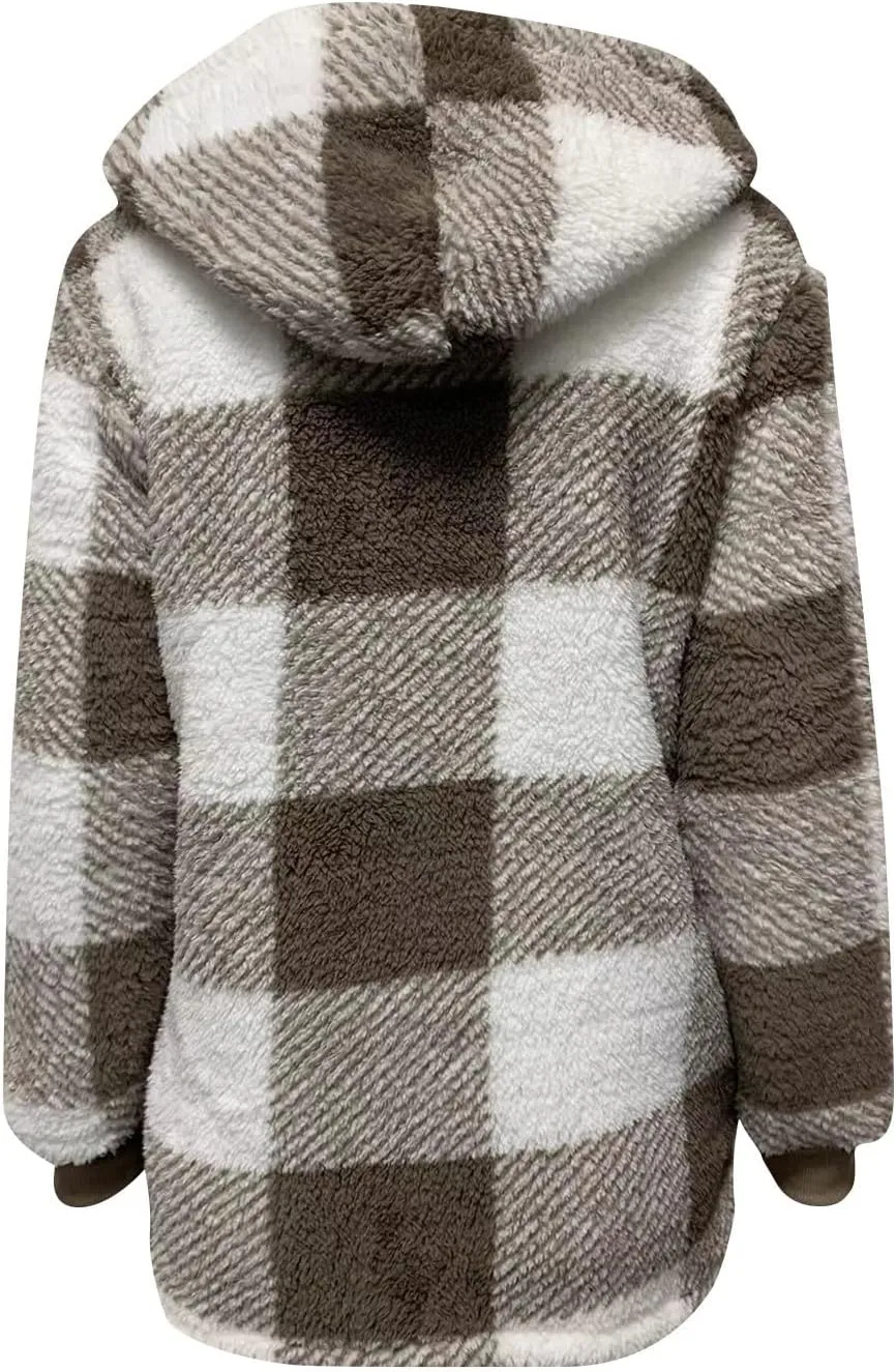 Womens Full Zip Cardigan Sherpa Jacket Plus Size Plaid Fleece Winter Coat Oversized Fuzzy Hooded Outwear with Pockets
