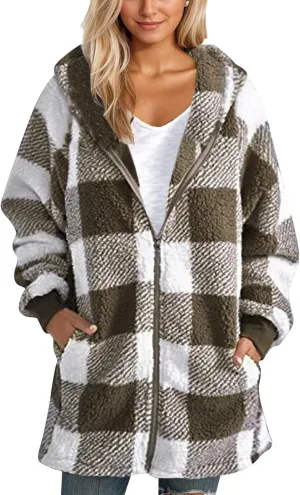 Womens Full Zip Cardigan Sherpa Jacket Plus Size Plaid Fleece Winter Coat Oversized Fuzzy Hooded Outwear with Pockets