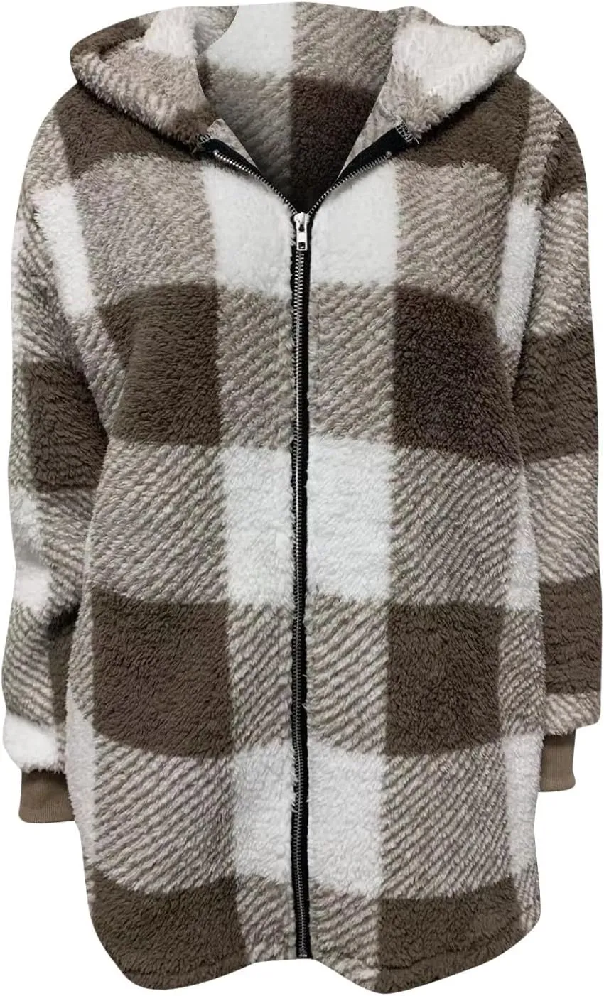 Womens Full Zip Cardigan Sherpa Jacket Plus Size Plaid Fleece Winter Coat Oversized Fuzzy Hooded Outwear with Pockets
