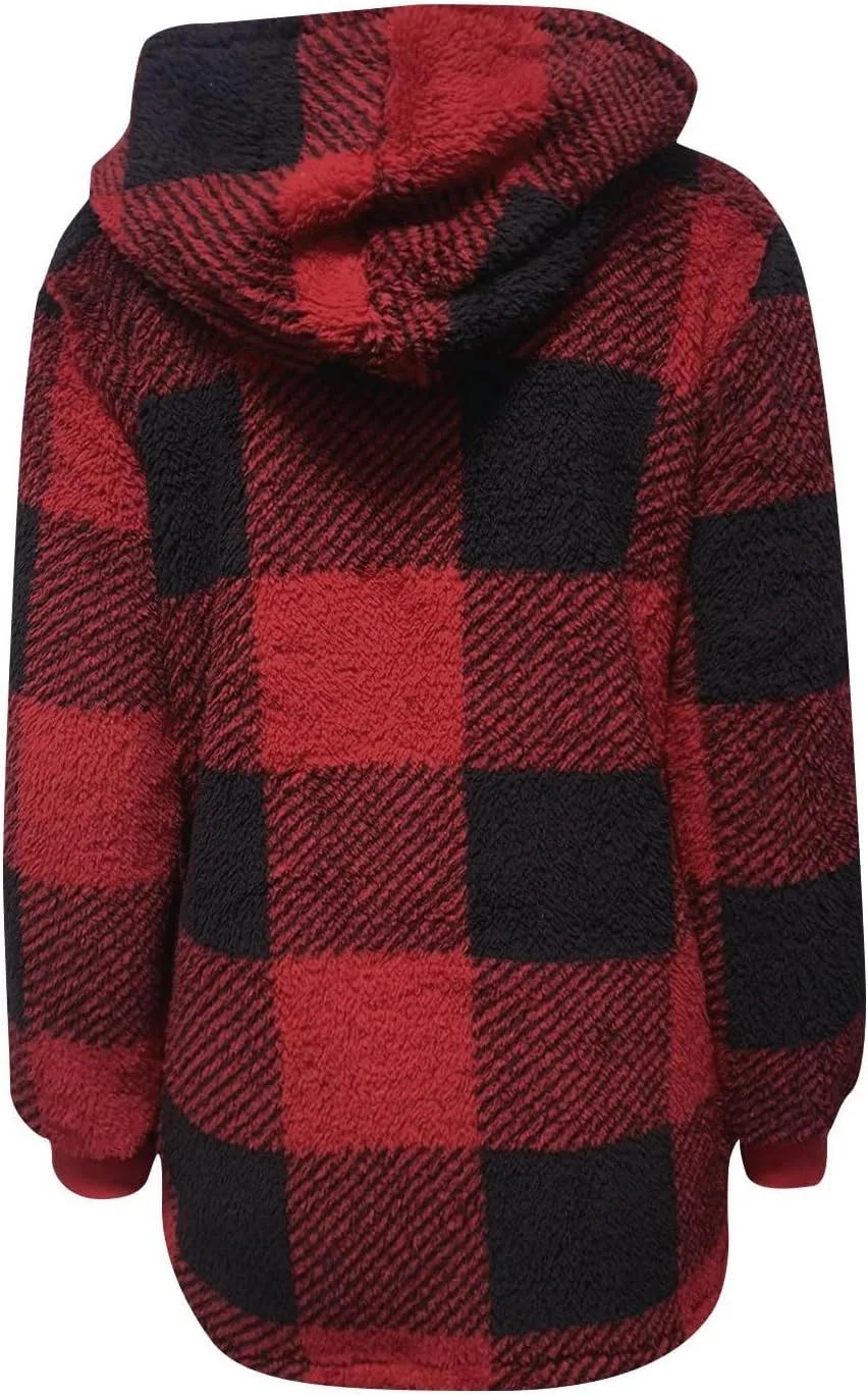 Womens Full Zip Cardigan Sherpa Jacket Plus Size Plaid Fleece Winter Coat Oversized Fuzzy Hooded Outwear with Pockets