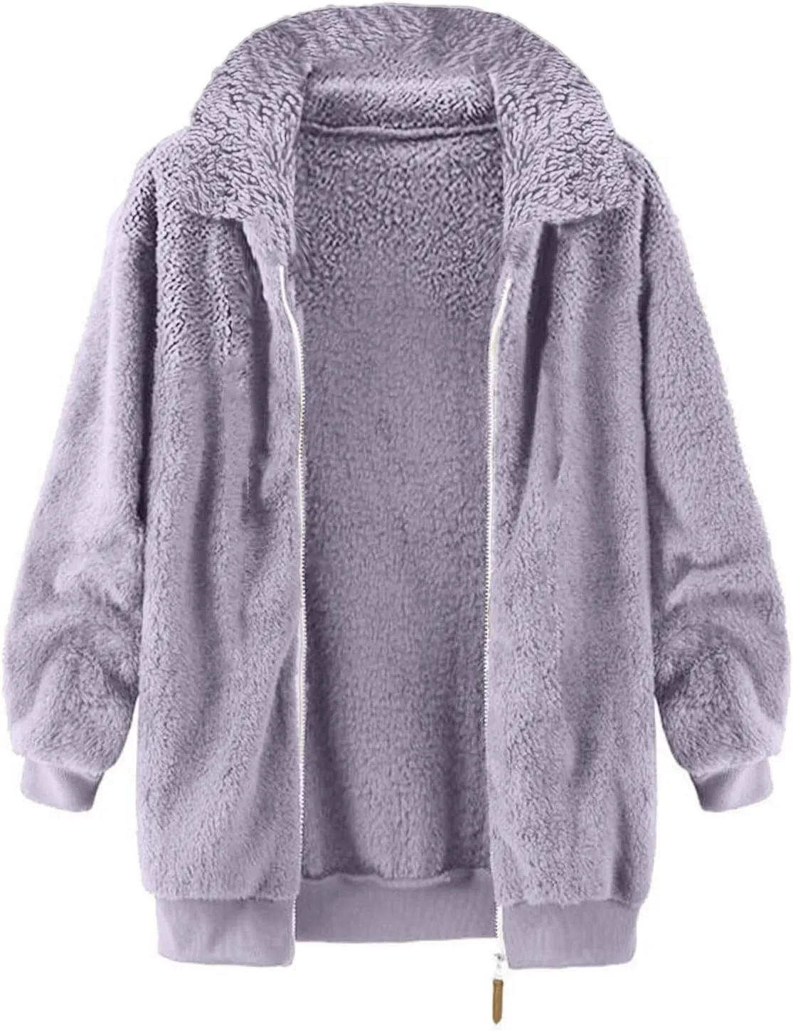 Womens Fuzzy Fleece Open Front Cardigan Jacket Oversized Long Sleeve Lapel Sherpa Warm Teddy Coat With Pockets