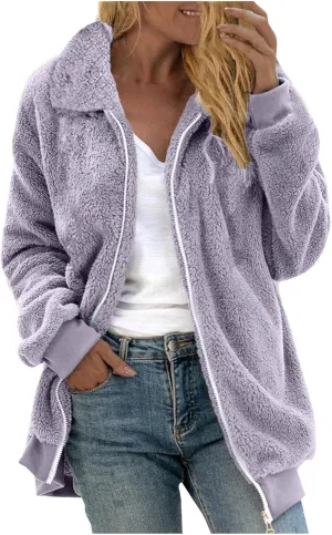Womens Fuzzy Fleece Open Front Cardigan Jacket Oversized Long Sleeve Lapel Sherpa Warm Teddy Coat With Pockets