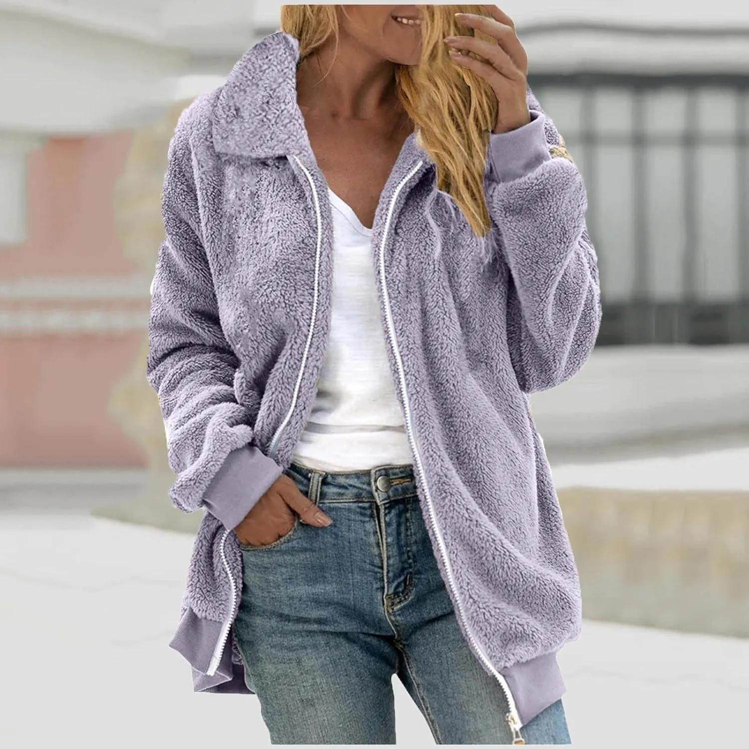 Womens Fuzzy Fleece Open Front Cardigan Jacket Oversized Long Sleeve Lapel Sherpa Warm Teddy Coat With Pockets