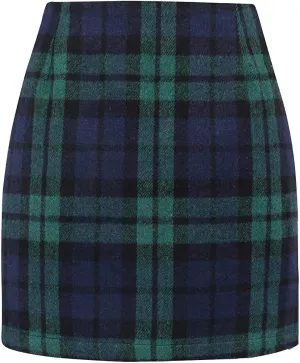 Womens High Waist Plaid Skirt Bodycon Pencil Wool Mini Skirts Fall Winter Casual Slim Xmas Hip-Covering Skirt