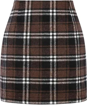 Womens High Waist Plaid Skirt Bodycon Pencil Wool Mini Skirts Fall Winter Casual Slim Xmas Hip-Covering Skirt