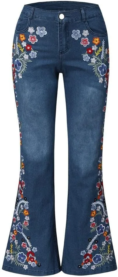 Womens High Waist Vintage Pants Casual Straight Leg Baggy Trousers Casual Loose Wide Leg Floral Print Jeans Streetwear