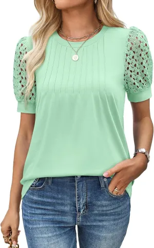 Women's Lace Short Sleeve Tops Dressy Casual Blouses Business Work Office T Shirts 2025 Trendy Summer Clothes