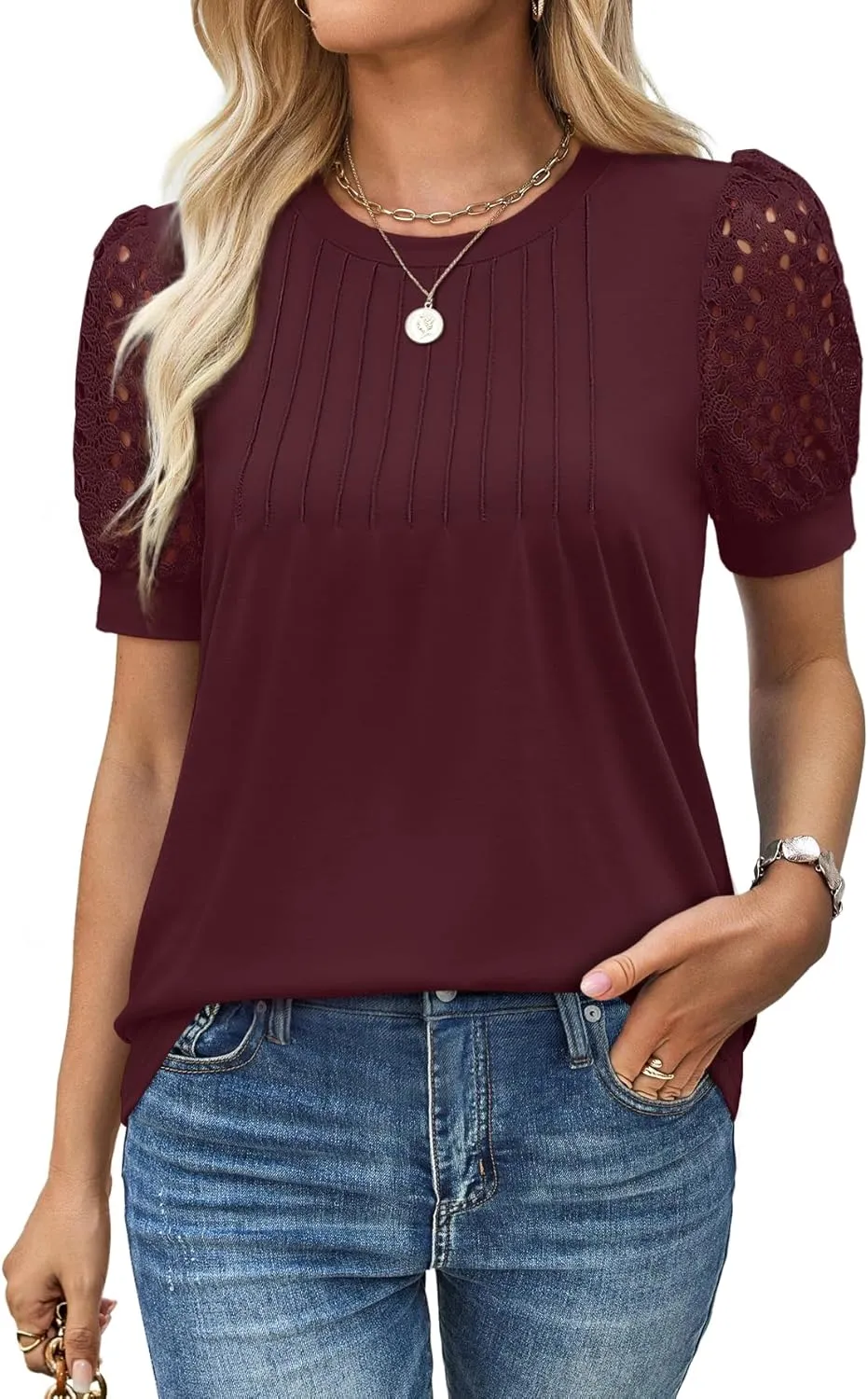 Women's Lace Short Sleeve Tops Dressy Casual Blouses Business Work Office T Shirts 2025 Trendy Summer Clothes