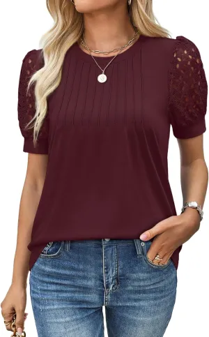 Women's Lace Short Sleeve Tops Dressy Casual Blouses Business Work Office T Shirts 2025 Trendy Summer Clothes