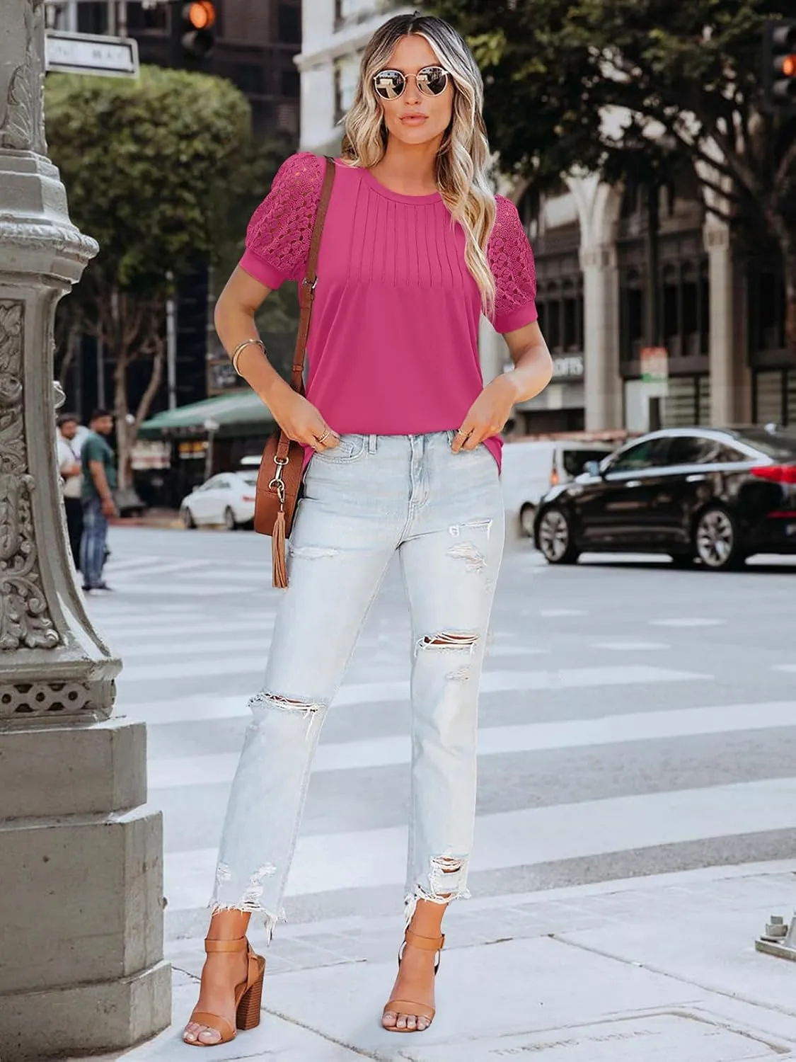 Women's Lace Short Sleeve Tops Dressy Casual Blouses Business Work Office T Shirts 2025 Trendy Summer Clothes