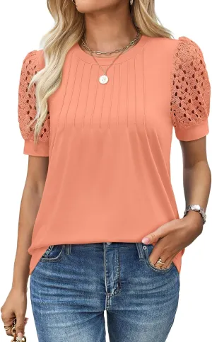 Women's Lace Short Sleeve Tops Dressy Casual Blouses Business Work Office T Shirts 2025 Trendy Summer Clothes