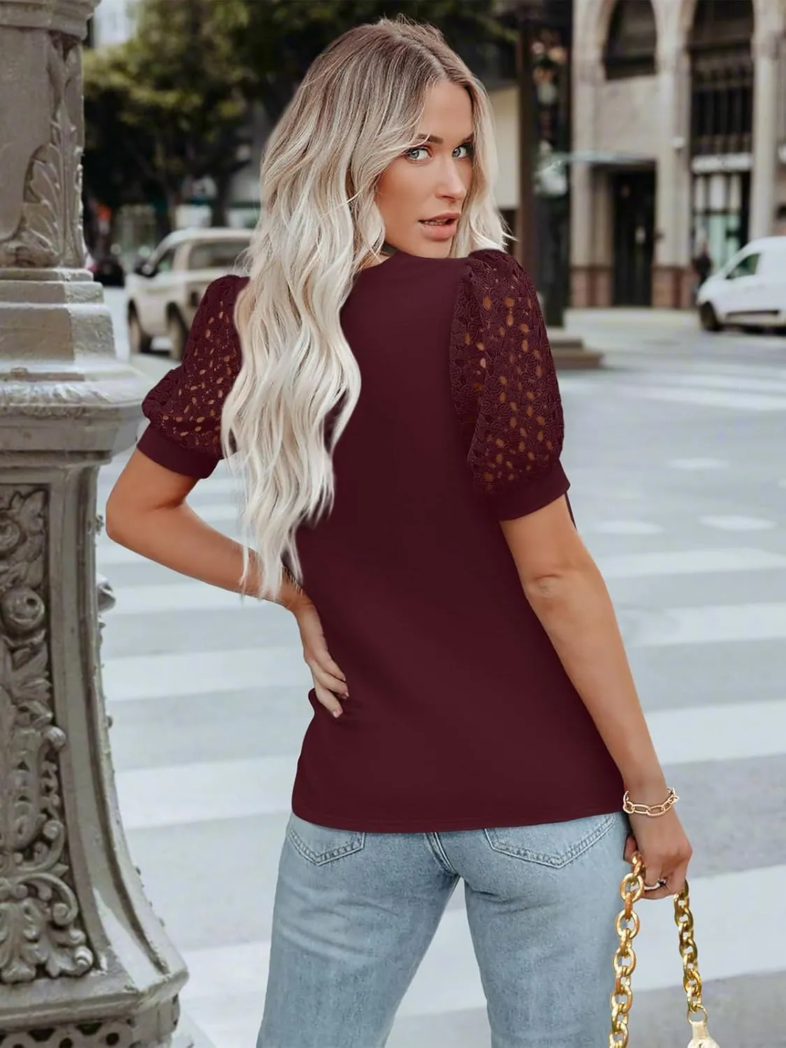 Women's Lace Short Sleeve Tops Dressy Casual Blouses Business Work Office T Shirts 2025 Trendy Summer Clothes