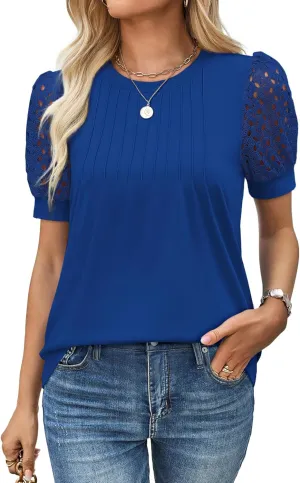 Women's Lace Short Sleeve Tops Dressy Casual Blouses Business Work Office T Shirts 2025 Trendy Summer Clothes