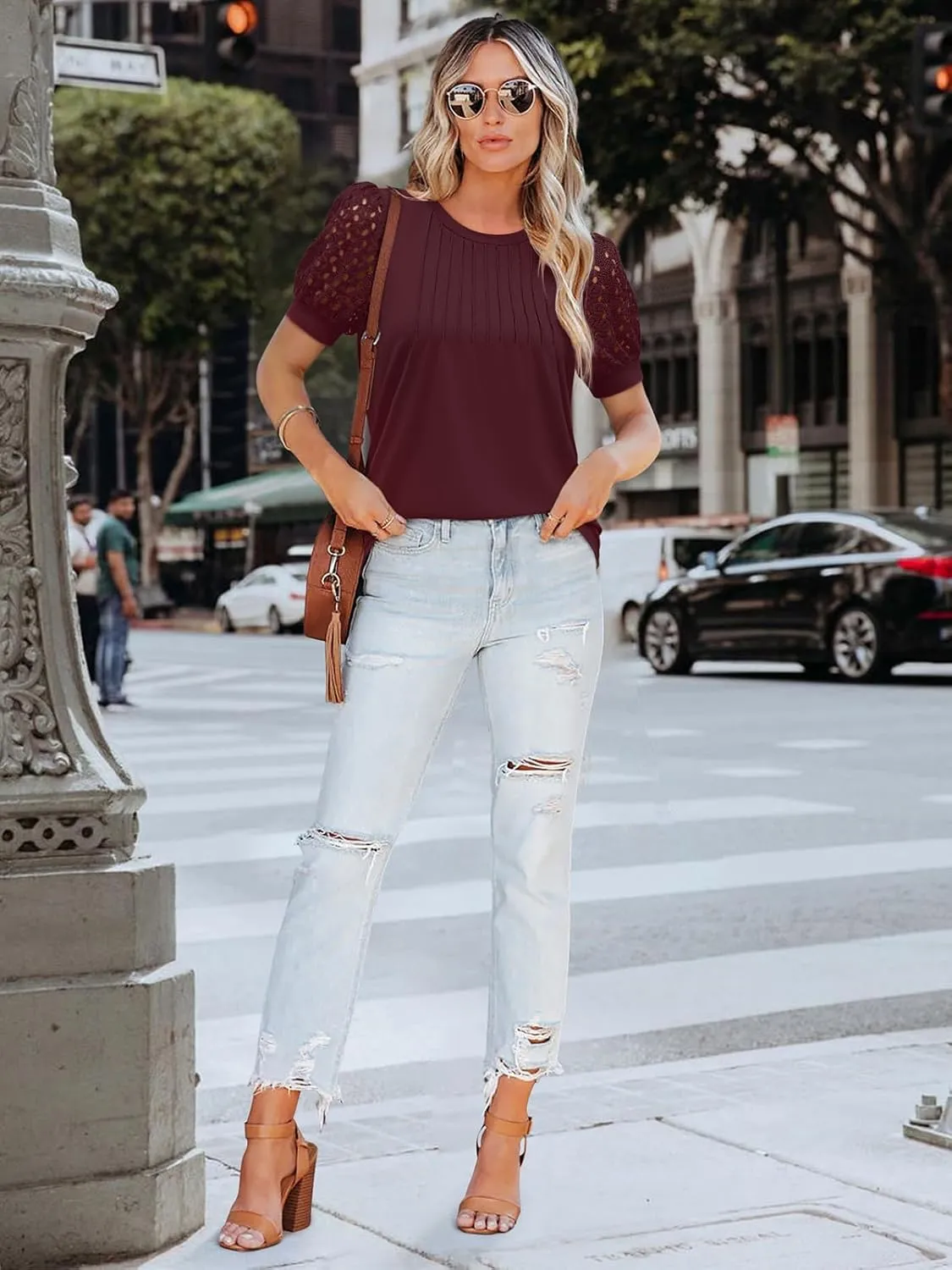 Women's Lace Short Sleeve Tops Dressy Casual Blouses Business Work Office T Shirts 2025 Trendy Summer Clothes