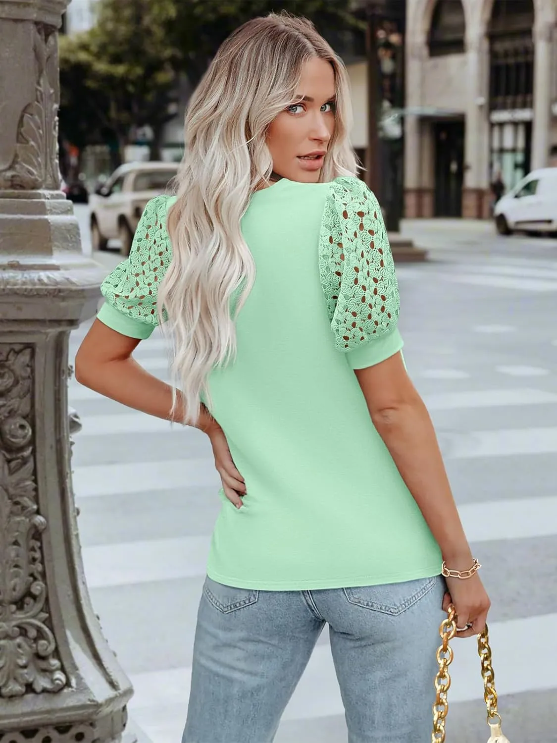 Women's Lace Short Sleeve Tops Dressy Casual Blouses Business Work Office T Shirts 2025 Trendy Summer Clothes
