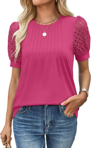 Women's Lace Short Sleeve Tops Dressy Casual Blouses Business Work Office T Shirts 2025 Trendy Summer Clothes