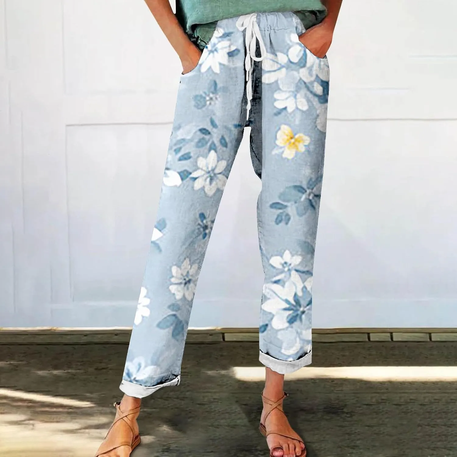 Women's Linen Blend Drawstring Relaxed Fit Wide Leg Pant High Waist Flowy Summer Beach Drawstring Pant Trouser
