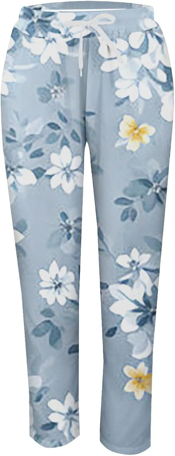 Women's Linen Blend Drawstring Relaxed Fit Wide Leg Pant High Waist Flowy Summer Beach Drawstring Pant Trouser