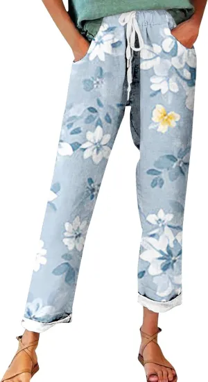 Women's Linen Blend Drawstring Relaxed Fit Wide Leg Pant High Waist Flowy Summer Beach Drawstring Pant Trouser