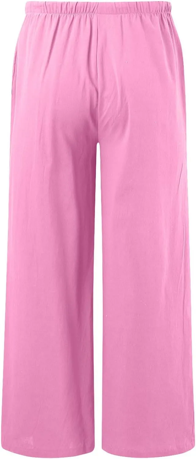 Women's Linen Blend Summer Drawstring Palazzo Pants Elastic Waist Stretchy Slim Fit Pants Trendy