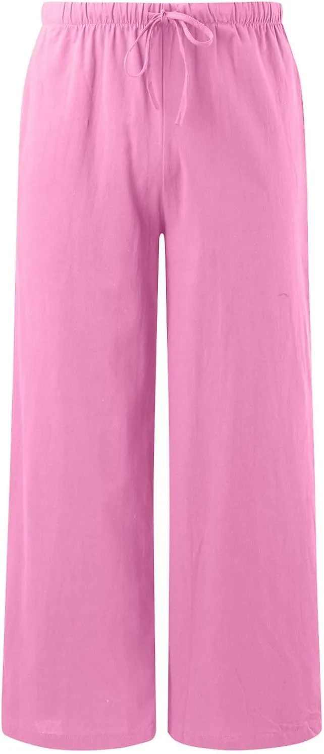 Women's Linen Blend Summer Drawstring Palazzo Pants Elastic Waist Stretchy Slim Fit Pants Trendy