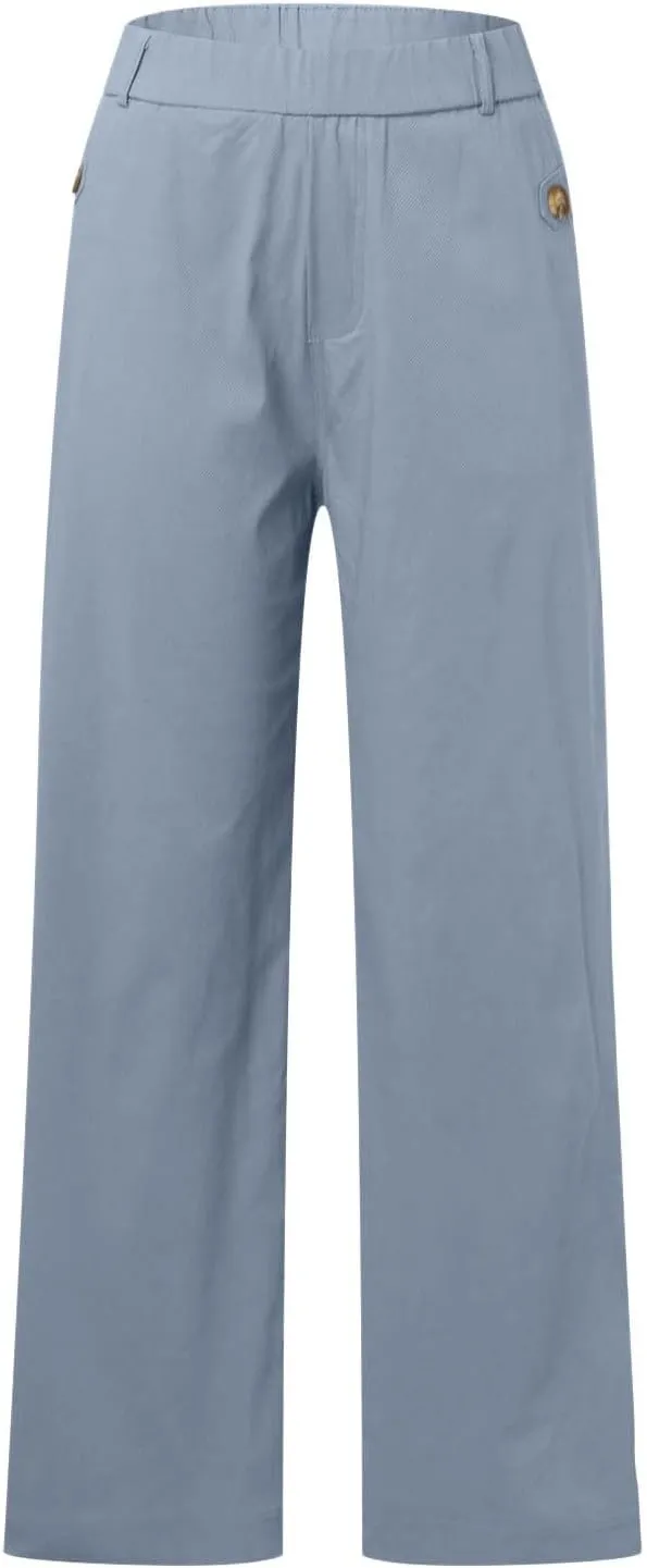 Women's Linen Blend Summer Drawstring Palazzo Pants Elastic Waist Stretchy Slim Fit Pants Trendy