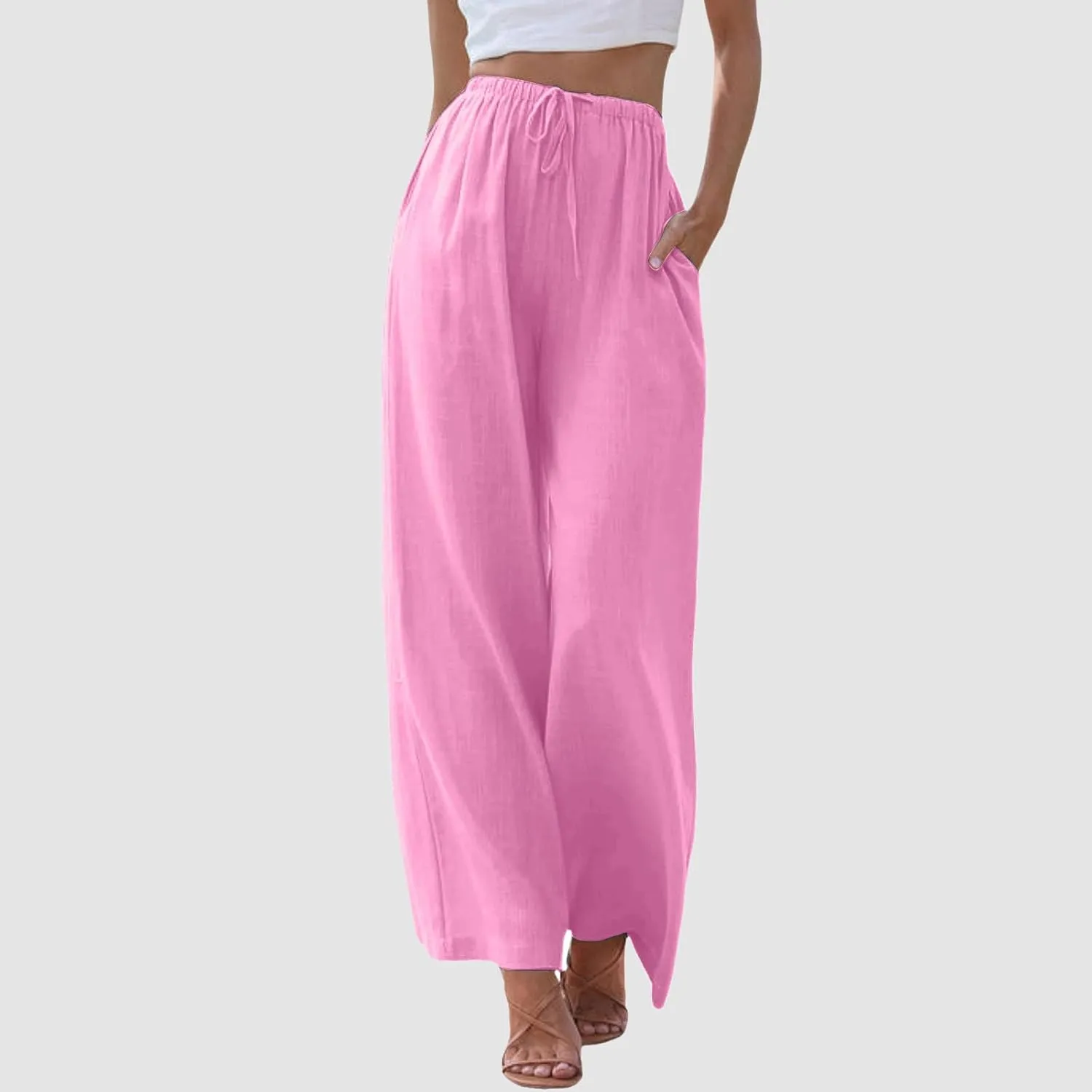 Women's Linen Blend Summer Drawstring Palazzo Pants Elastic Waist Stretchy Slim Fit Pants Trendy